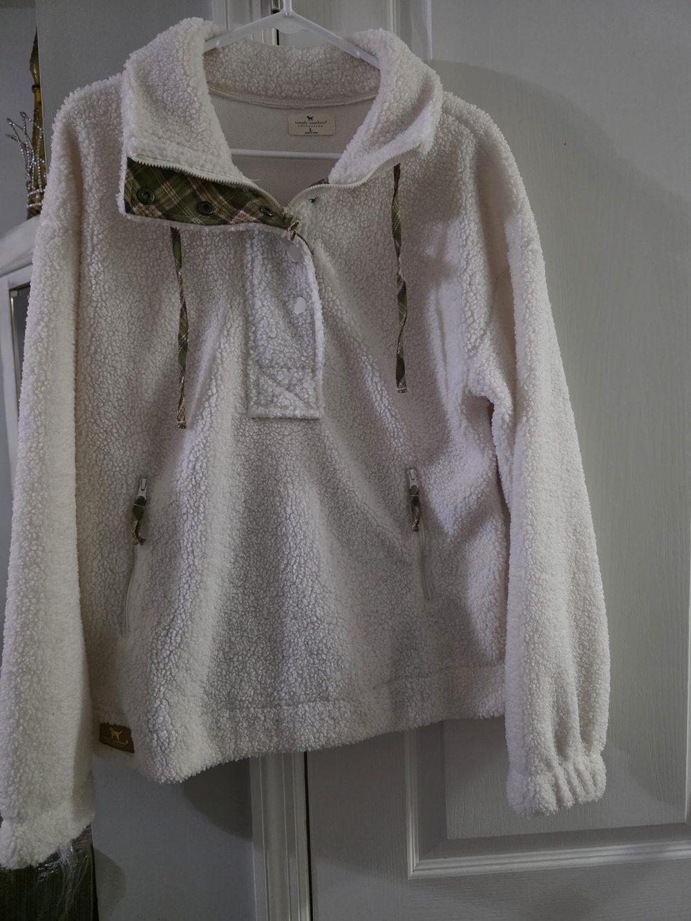 Simply Southern 1/4 Zip Sherpa Fleece Hoodie Pullover Plaid Trim Cream Lg